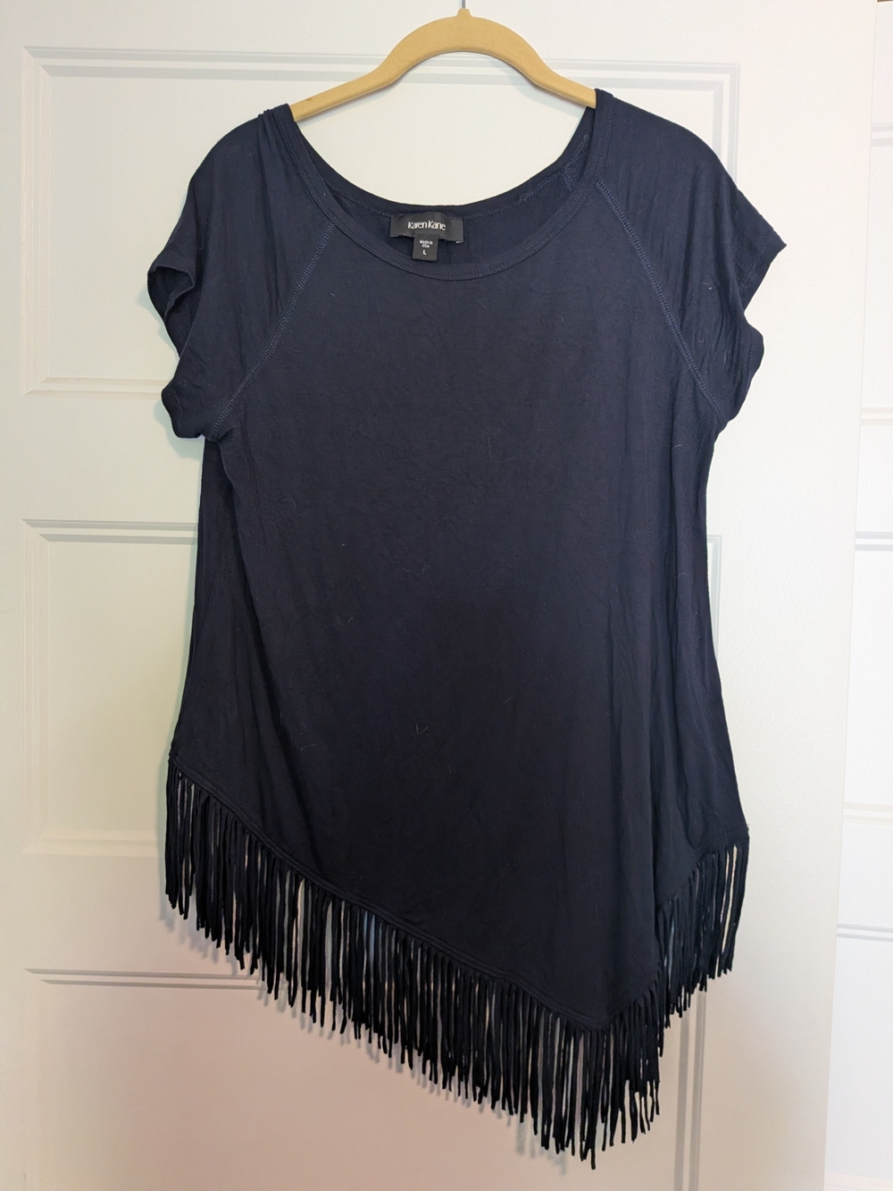 Karen Kane Boho Western Cowgirl Navy Fringe Short Sleeve Top